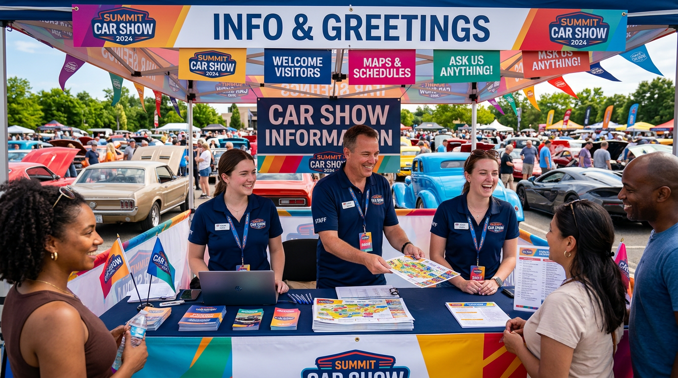 Friendly welcoming team at a car show information booth with colorful banners