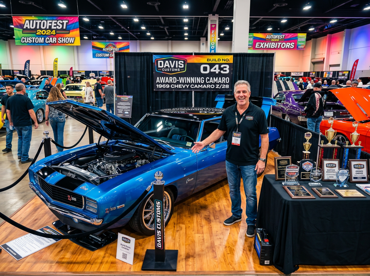 Exhibitor displaying custom car with polished setup and trophies