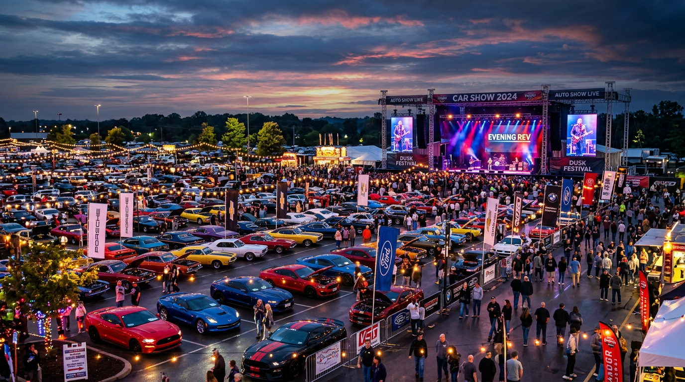 Wide shot of car show event grounds at dusk with colorful lighting