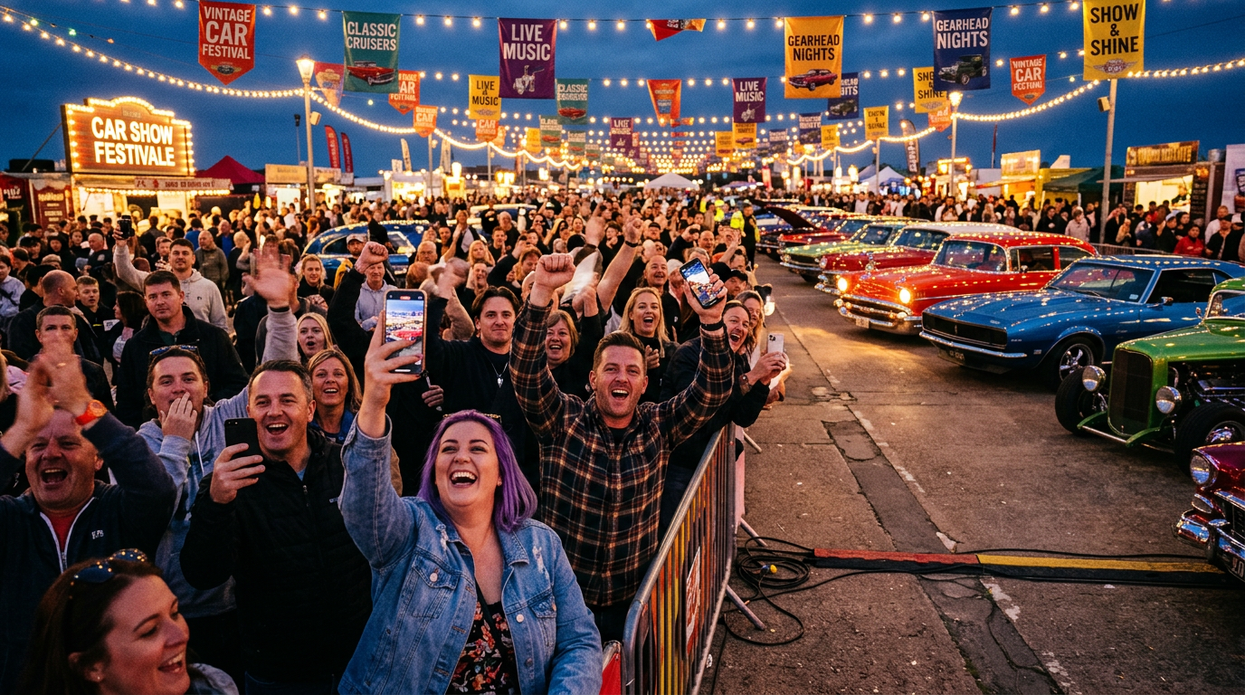 Excited crowd taking photos at an outdoor car show festival under string lights