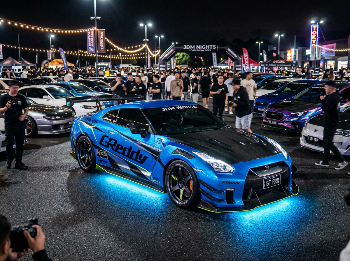 Sleek tuned Japanese import sports car with bright color wrap and neon lighting