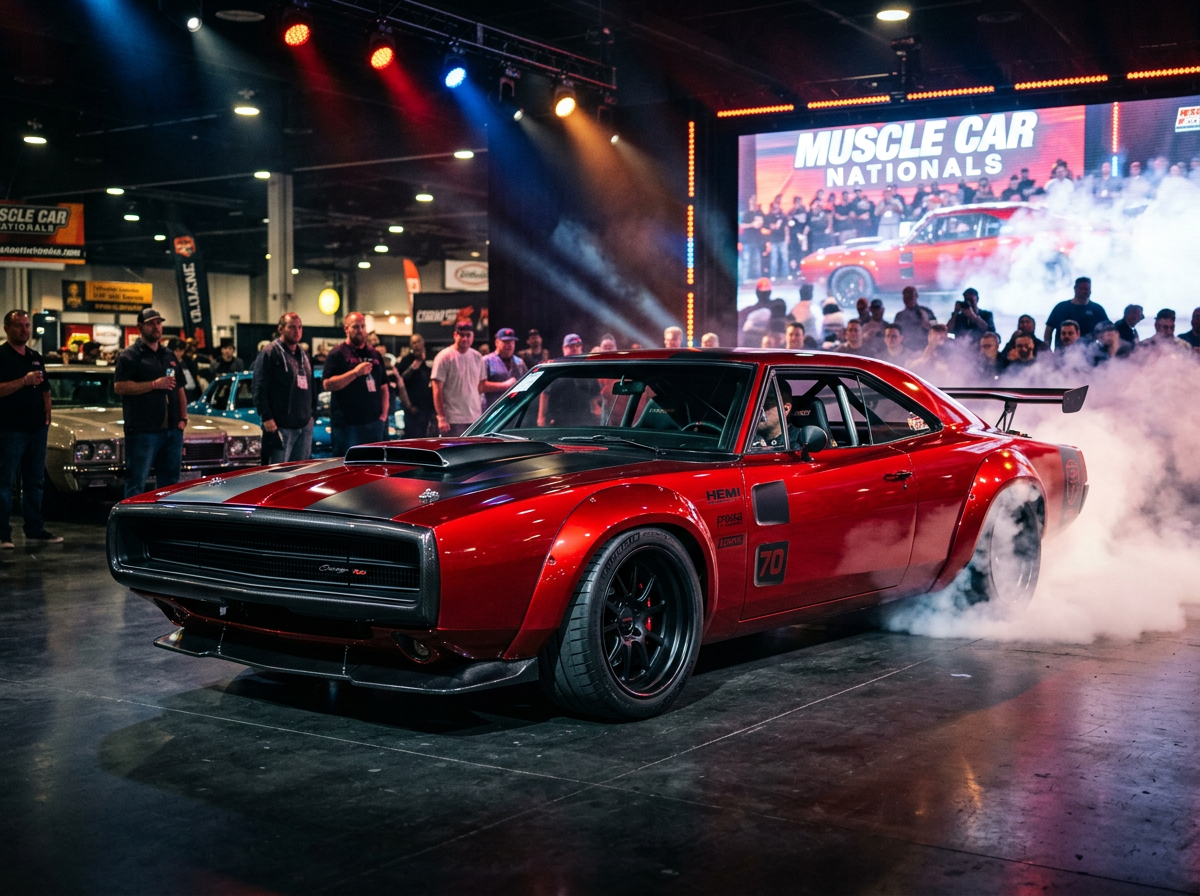 Aggressive American muscle car in bold red and black paint with wide stance