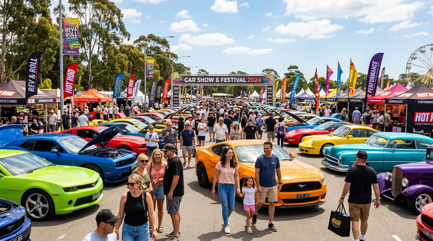 Families and enthusiasts enjoying a colorful outdoor car show festival